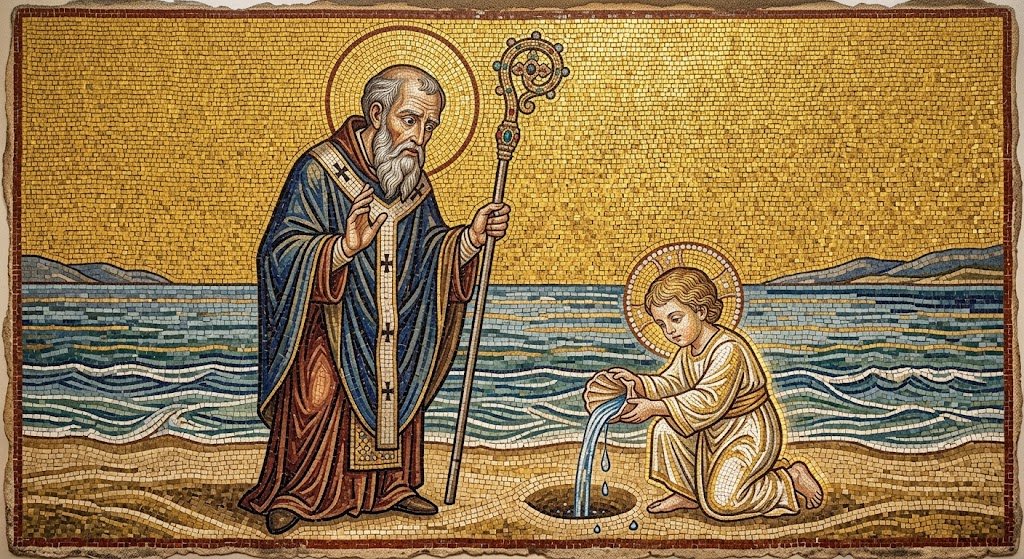 Un obispo anciano observa con asombro a un niño luminoso arrodillado en la arena de una playa, vertiendo agua del mar con una concha dentro de un pequeño hoyo