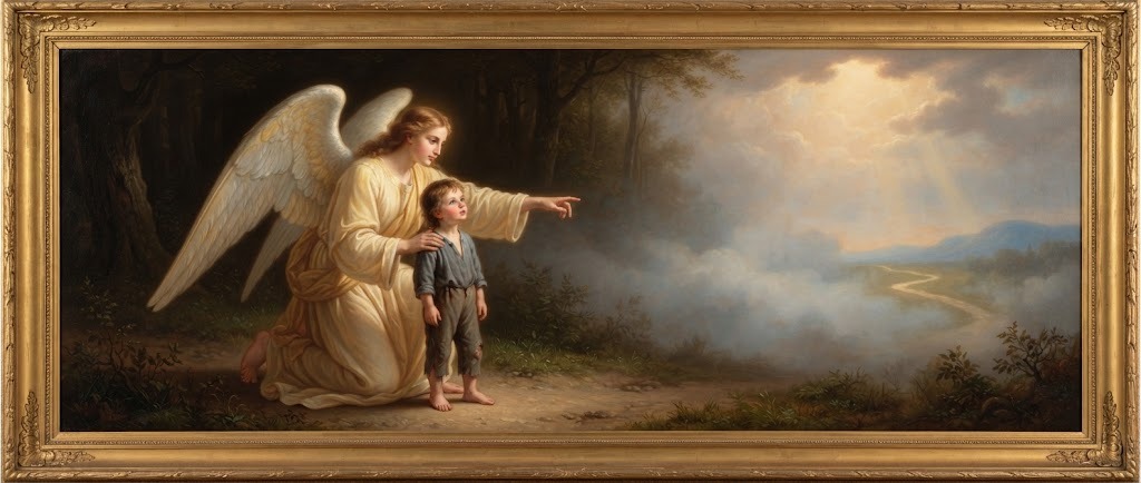 Un ángel guardián arrodillado junto a un niño en un camino junto al bosque, señalando hacia un claro luminoso entre las nubes