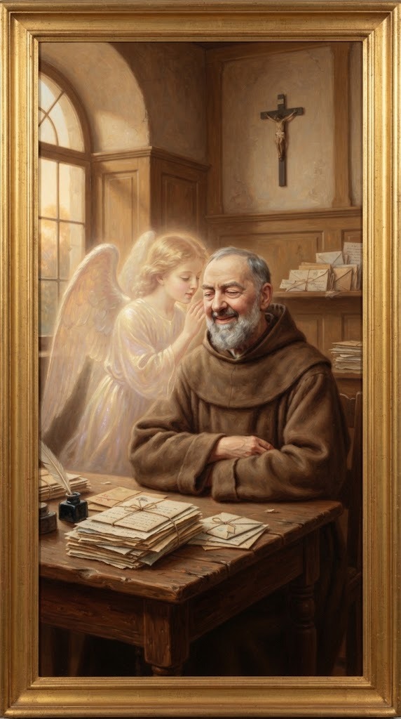 Un anciano sacerdote sonríe mientras una presencia angelical translúcida le susurra al oído, rodeado de cartas sobre su escritorio