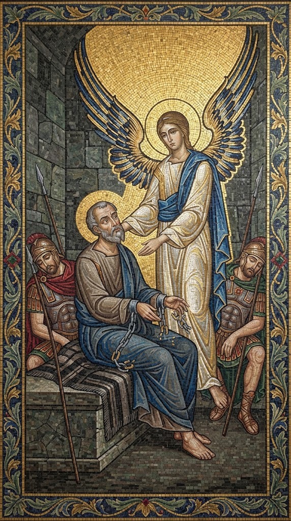 Un ángel libera al apóstol Pedro de sus cadenas en la prisión, mientras los soldados romanos duermen a su lado