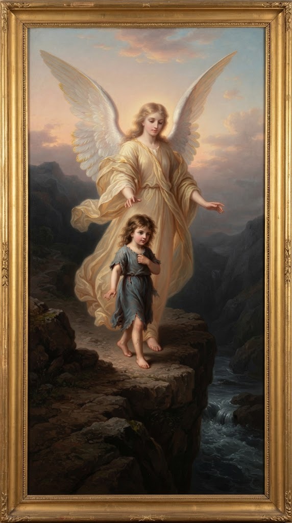 Un ángel guardián guía a un niño por un camino estrecho junto a un precipicio