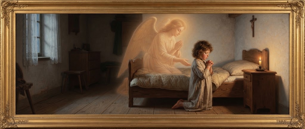 Un niño reza de rodillas junto a su cama por la noche, con la presencia translúcida de un ángel guardián orando a su lado