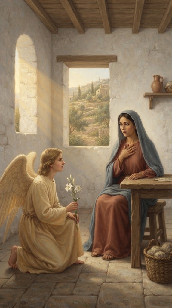El arcángel Gabriel arrodillado ante la Virgen María en un interior doméstico sereno, ofreciéndole una flor de azucena