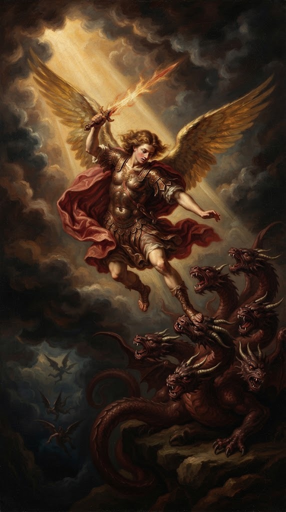 El arcángel Miguel con espada en alto y alas desplegadas, venciendo a un dragón de siete cabezas entre nubes de tormenta