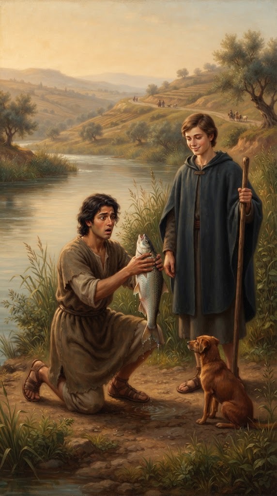 El joven Tobías arrodillado junto al río Tigris sosteniendo un pez recién capturado, junto a su compañero de viaje, el arcángel Rafael disfrazado
