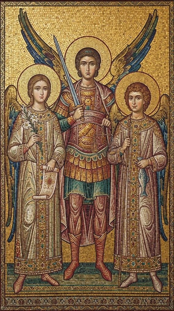 Los tres arcángeles Miguel, Gabriel y Rafael representados juntos en estilo de icono bizantino sobre fondo dorado