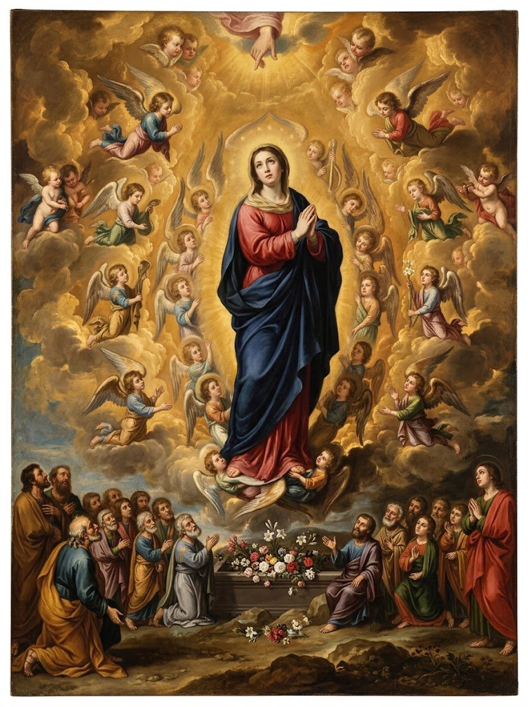 La Virgen María es elevada al cielo entre ángeles y querubines mientras los apóstoles, junto a su sepulcro cubierto de flores, contemplan la escena