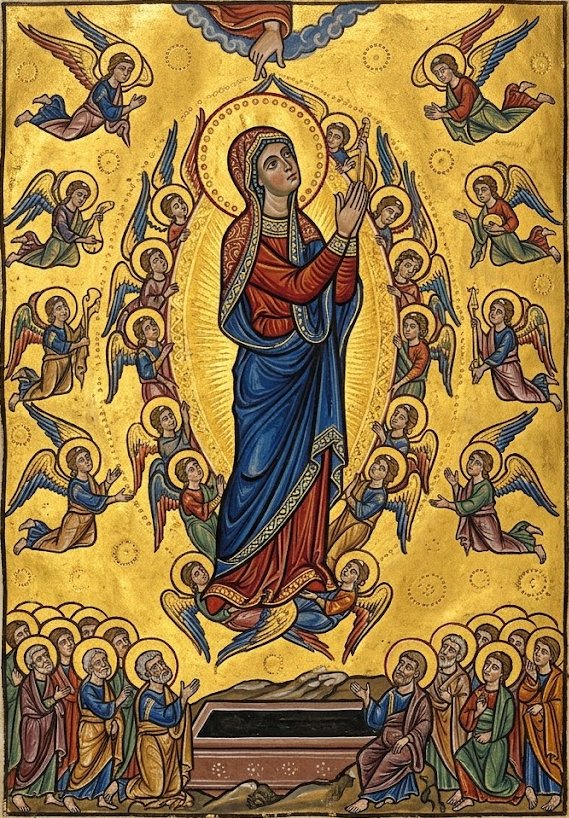 La Virgen María asciende a los cielos rodeada de ángeles mientras los apóstoles contemplan el sepulcro vacío