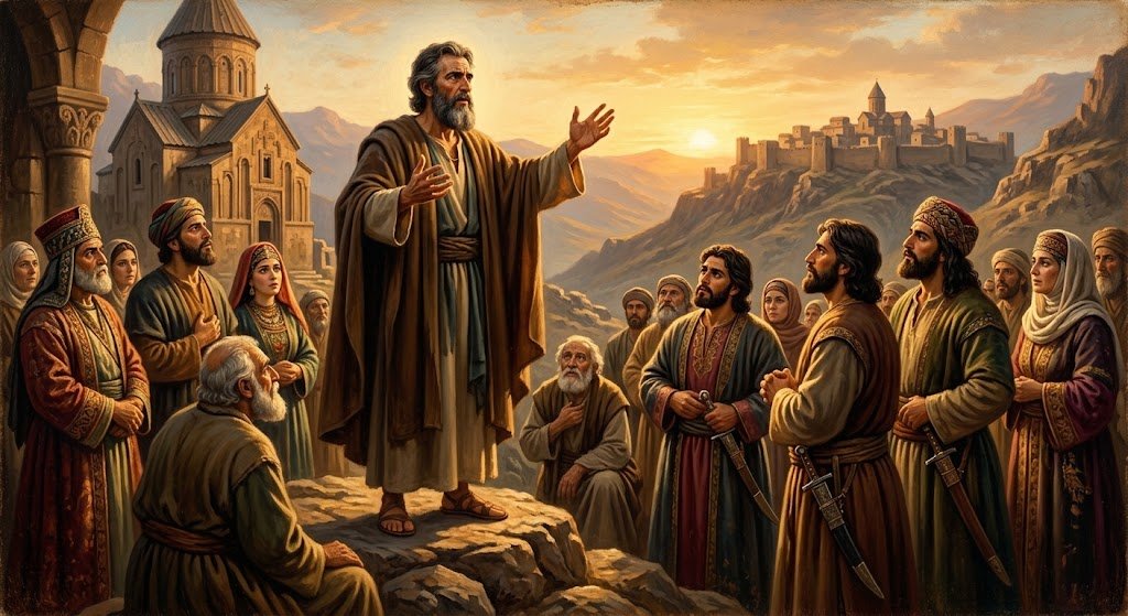 San Bartolomé predicando con los brazos alzados ante una multitud de habitantes armenios, con arquitectura de piedra y montañas al fondo bajo la luz del atardecer