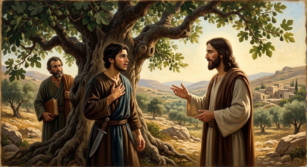El joven Natanael (San Bartolomé) bajo una higuera en Galilea, con expresión de asombro, mientras Jesús le habla y Felipe observa la escena sosteniendo un libro