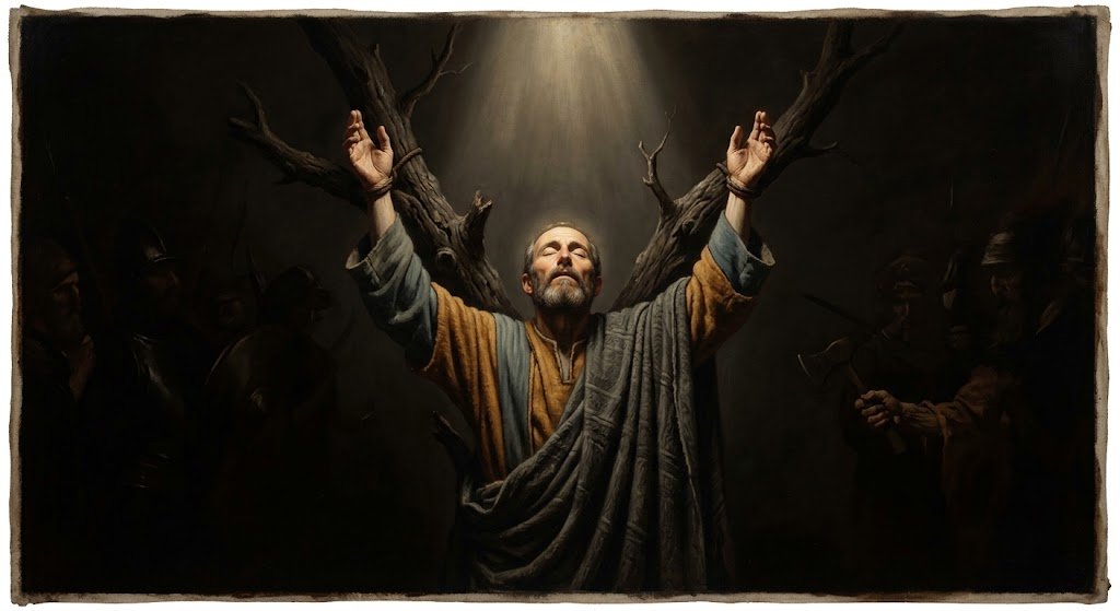 San Bartolomé atado a un árbol seco con los brazos alzados hacia el cielo en gesto de entrega, con un haz de luz cayendo sobre su rostro, mientras verdugos quedan sugeridos en penumbra al fondo