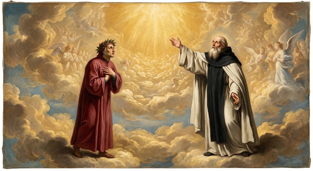 San Bernardo de Claraval guiando a Dante Alighieri hacia una luz celestial en el Paraíso, según la Divina Comedia
