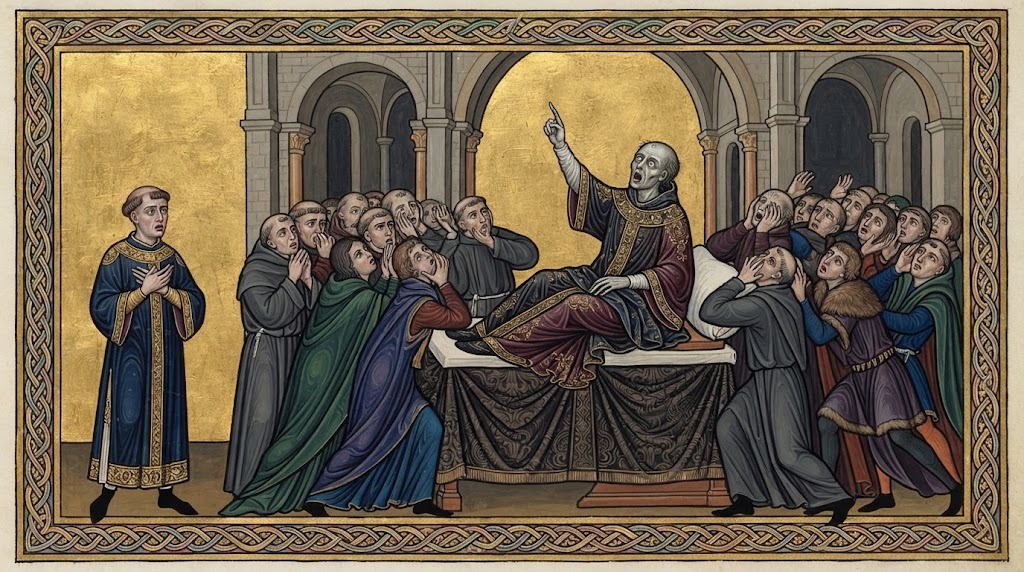 El cadáver de un profesor se incorpora en su propio funeral para anunciar su condena, ante una multitud aterrorizada, mientras Bruno observa la escena transformado, en estilo de miniatura iluminada altomedieval