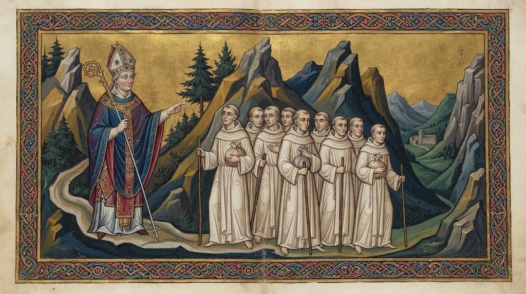 El obispo Hugo de Grenoble señala el camino de las montañas a Bruno y sus seis compañeros, con un monasterio visible al fondo del valle, en estilo de miniatura iluminada altomedieval