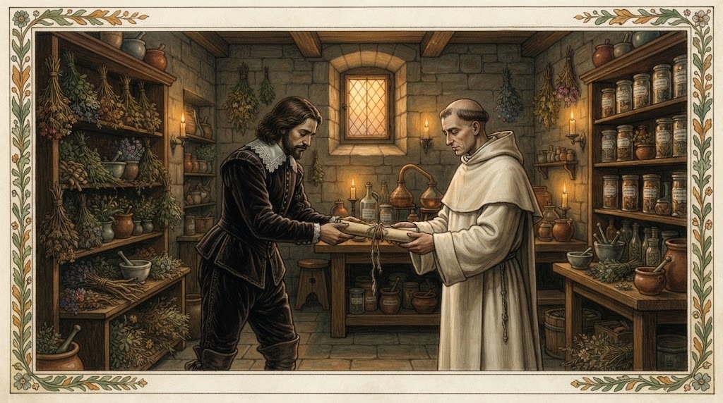 Un noble del siglo XVII entrega un manuscrito antiguo a un monje cartujo dentro de una sala de hierbas del monasterio, con frascos y plantas medicinales, en estilo pictórico de transición hacia el siglo XVII