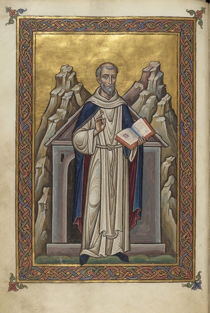 San Bruno de Colonia, con hábito blanco cartujo, sosteniendo un libro, ante una celda de piedra en las montañas, en estilo de miniatura iluminada altomedieval