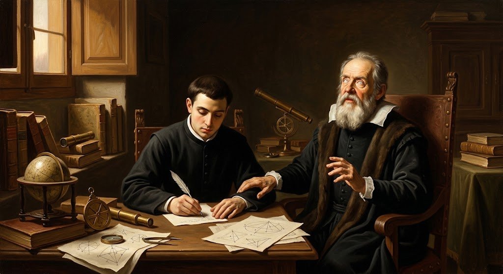 Un joven fraile escolapio escribiendo al dictado junto a un anciano Galileo Galilei ciego, en un estudio con telescopio, globo terráqueo y diagramas geométricos