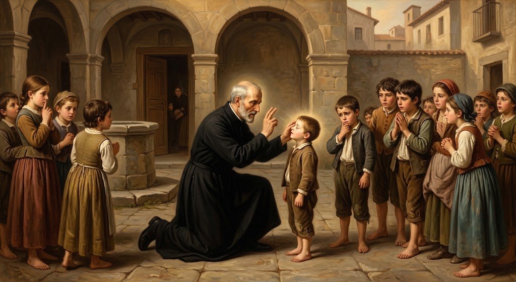San José de Calasanz arrodillado en el patio de un colegio, sosteniendo con delicadeza el rostro de un niño mientras le coloca la mano sobre el ojo con gesto de bendición, con otros niños alrededor observando con asombro