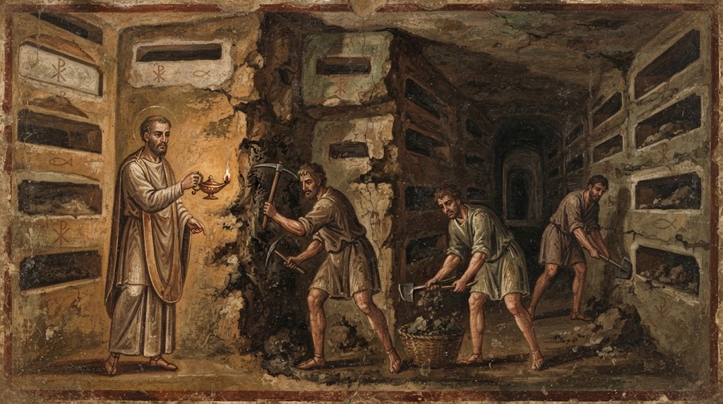 Calixto, ya diácono, supervisa con una lámpara de aceite a los trabajadores que excavan los pasadizos de las catacumbas cristianas de Roma, en estilo de fresco de catacumba paleocristiana