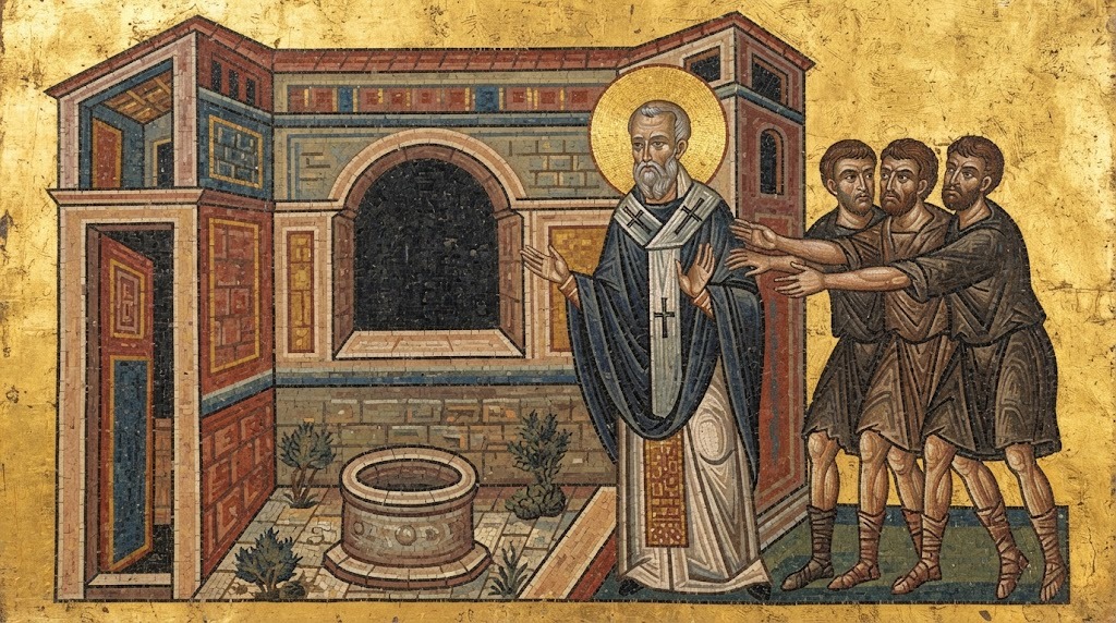 San Calixto I es empujado hacia una ventana baja por un grupo de hombres hostiles, con un pozo visible en el patio inferior, en estilo de mosaico bizantino