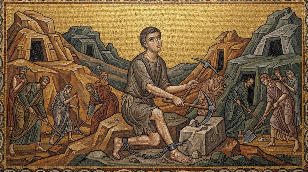 El joven Calixto, encadenado, trabaja forzado en las minas de azufre de Cerdeña junto a otros condenados, en estilo de mosaico bizantino