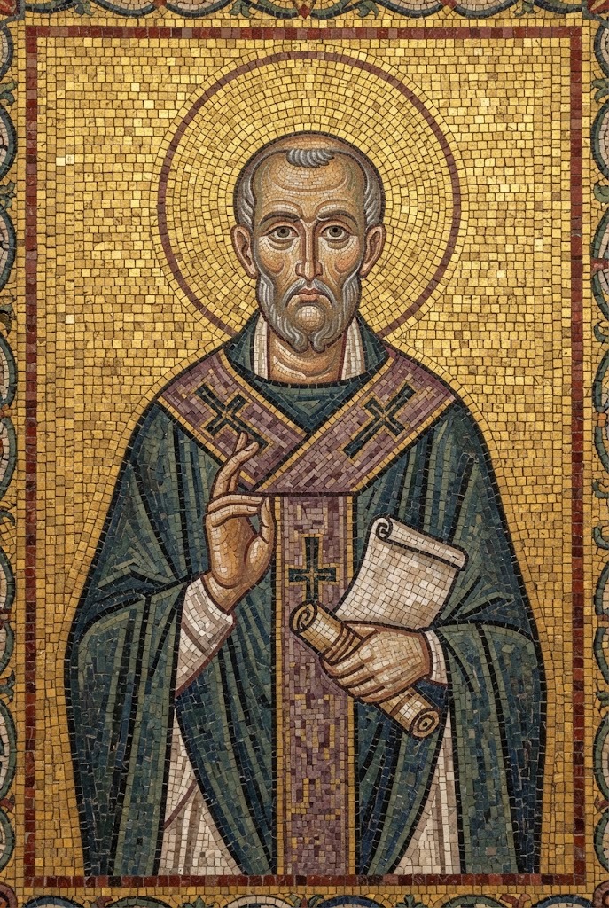San Calixto I, papa, con vestiduras pontificales sencillas del siglo III y un pergamino en la mano, en estilo de mosaico bizantino con teselas visibles