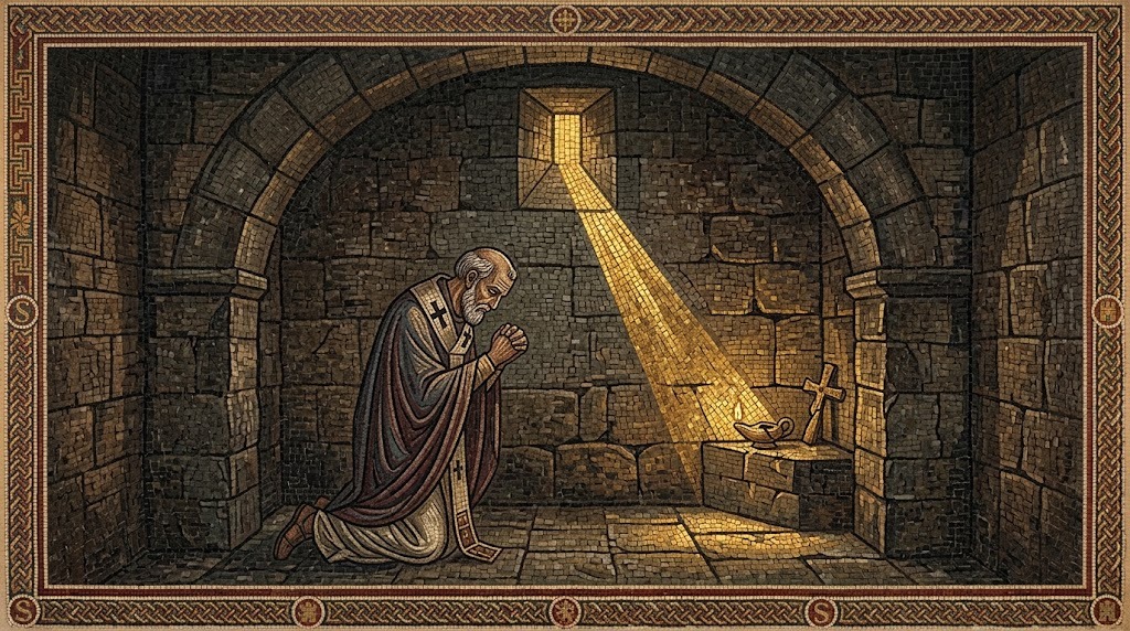 Un anciano obispo reza arrodillado dentro de un calabozo estrecho de piedra, con un único haz de luz dorada entrando por una pequeña abertura en lo alto, representado al estilo de un mosaico romano-africano
