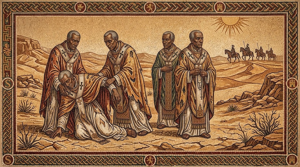 Cinco ancianos obispos con vestiduras episcopales desgarradas son abandonados en un duro paisaje desértico, uno de ellos desplomándose de agotamiento mientras los demás lo sostienen, con soldados a caballo alejándose al fondo bajo un sol implacable, representado al estilo de un mosaico romano-africano