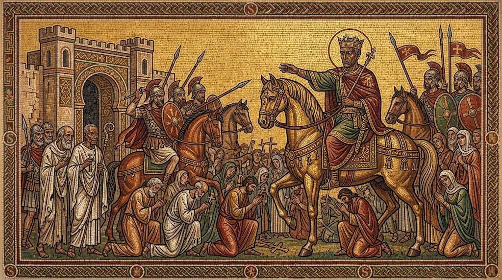 Un rey vándalo a caballo ordena a sus soldados dispersar a una multitud de cristianos congregados en protesta ante las puertas de una ciudad, mientras un grupo de ancianos obispos es conducido lejos al fondo, representado al estilo de un mosaico romano-africano