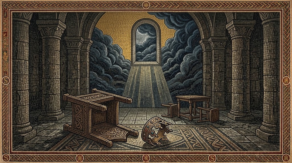 Una sala real vacía con un trono derribado y una corona caída en el suelo entre columnas, con nubes de tormenta visibles a través de una ventana alta, representado de forma simbólica sin figuras humanas, al estilo de un mosaico romano-africano