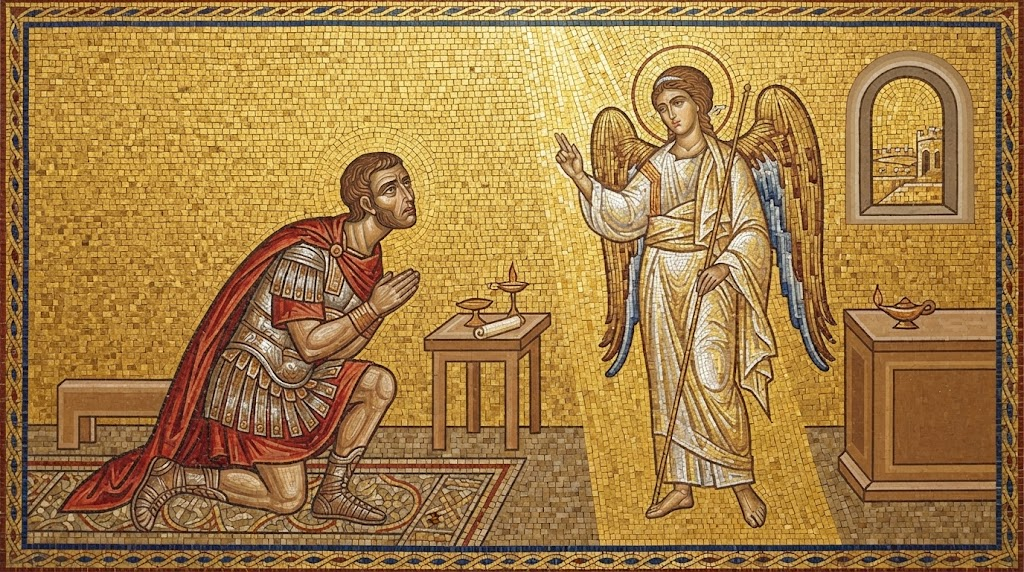 El centurión Cornelio arrodillado en oración mientras un ángel radiante se le aparece en un rayo de luz dorada, en estilo de mosaico bizantino