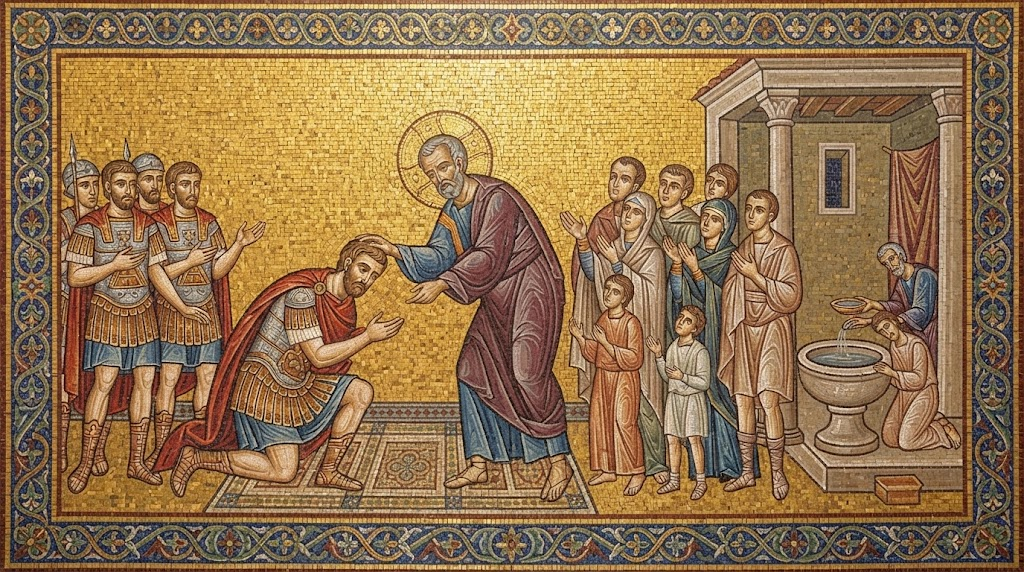 El apóstol Pedro levanta al centurión Cornelio, que se había postrado ante él, mientras al fondo se bautiza a un miembro de su familia, en estilo de mosaico bizantino