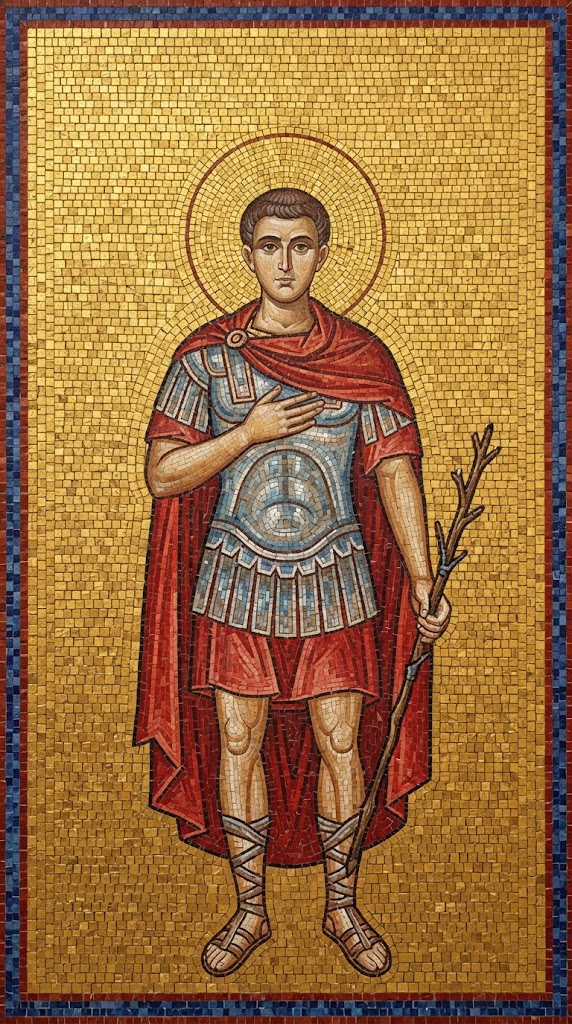 San Cornelio, centurión romano con armadura segmentada y capa militar roja, la mano sobre el pecho en gesto devoto, en estilo de mosaico bizantino con teselas doradas