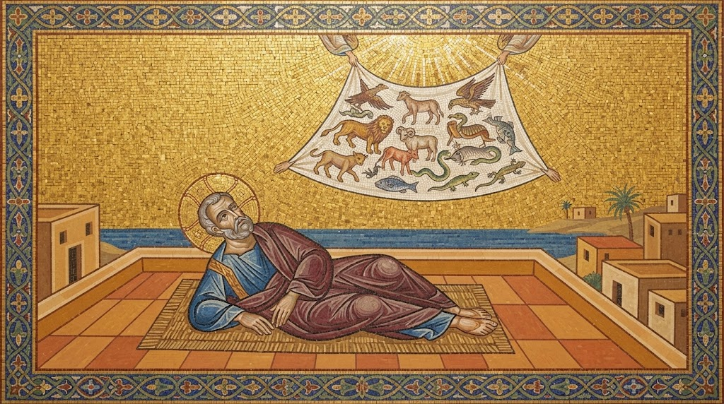 El apóstol Pedro recostado en una terraza junto al mar, en trance, mientras un gran lienzo lleno de animales desciende del cielo, en estilo de mosaico bizantino