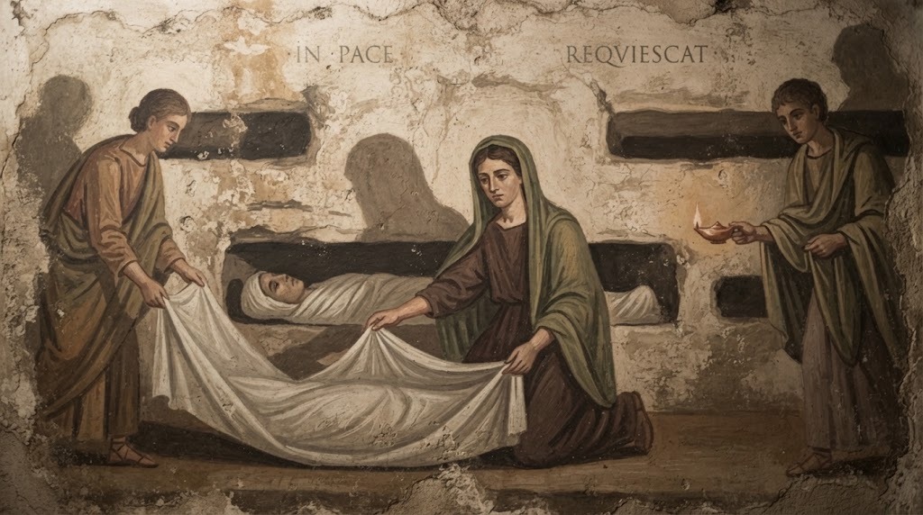 Lucina y otros fieles envolviendo en secreto el cuerpo de San Cornelio en una cripta subterránea, pintura de catacumba