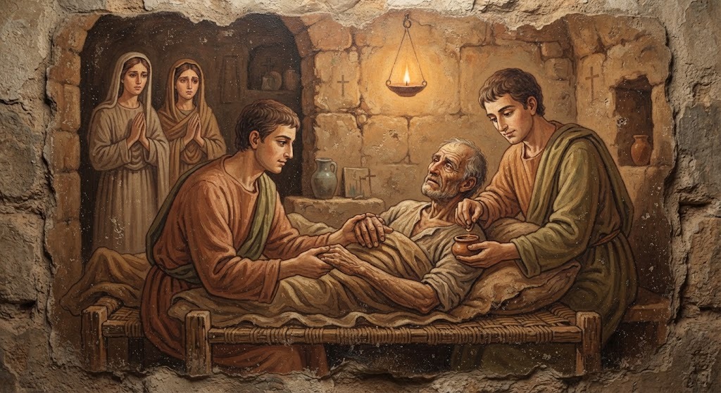 Los dos hermanos atendiendo a un anciano enfermo en su casa, con familiares observando agradecidos