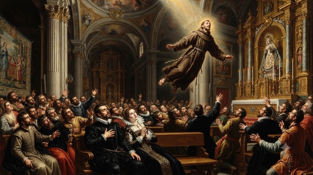 Fray José de Cupertino volando sobre una multitud en una iglesia hacia una estatua de la Virgen, pintura barroca