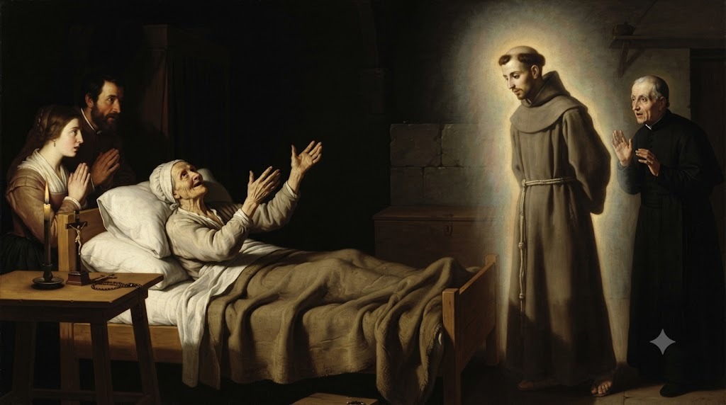 Fray José de Cupertino apareciendo junto al lecho de muerte de su madre mientras físicamente se encontraba lejos, pintura barroca