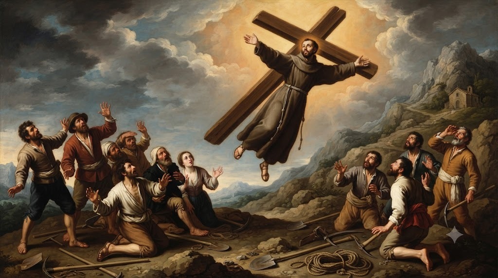 Fray José de Cupertino volando por los aires cargando una gran cruz de madera, con obreros asombrados abajo, pintura barroca