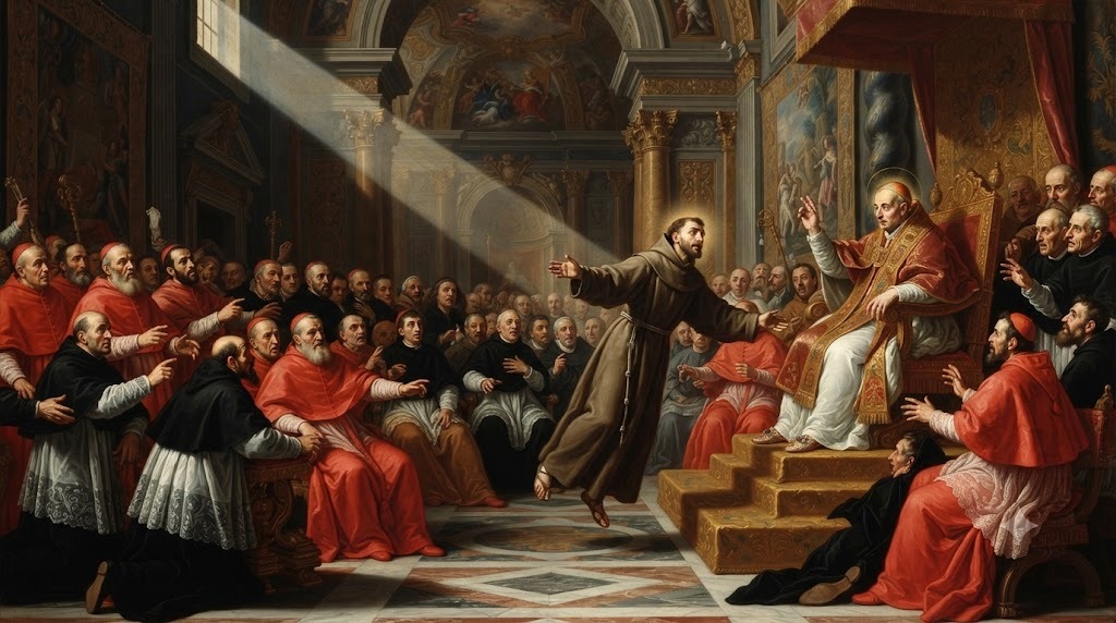 Fray José de Cupertino levitando ante el papa Urbano VIII y su corte, pintura barroca