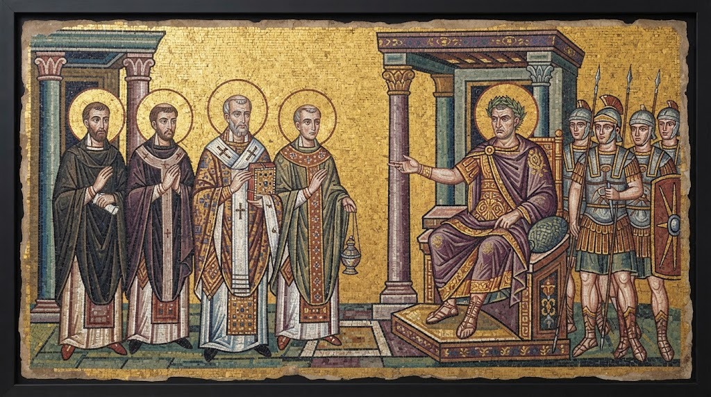 San Dionisio, Rústico y Eleuterio ante el tribunal del gobernador romano en la antigua Lutecia, en estilo de icono bizantino y mosaico dorado