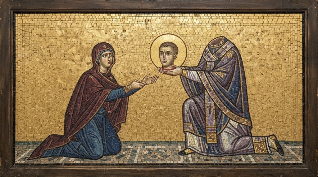 San Dionisio entrega su propia cabeza a la piadosa Casulla, arrodillada, en estilo de icono bizantino y mosaico dorado