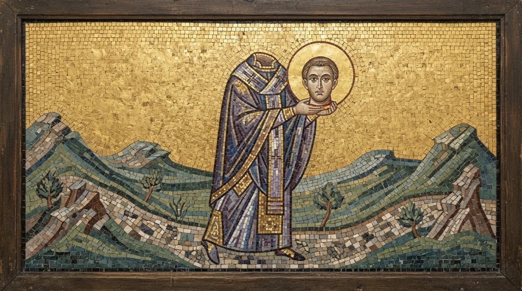 San Dionisio decapitado camina sosteniendo su propia cabeza cortada entre las manos, atravesando el paisaje de Montmartre, en estilo de icono bizantino