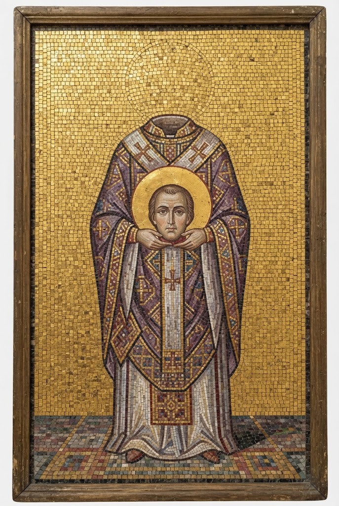 San Dionisio de París, obispo, sosteniendo su propia cabeza cortada con ambas manos, en estilo de icono bizantino y mosaico dorado
