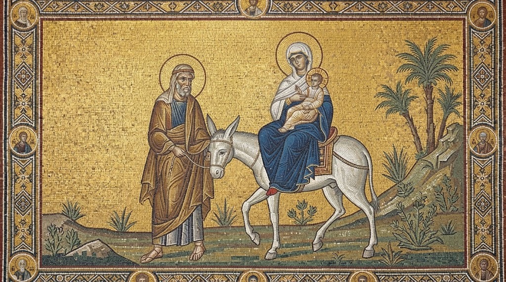 María con el Niño Jesús a lomos de un burro, José guiando el camino, huida a Egipto, mosaico bizantino