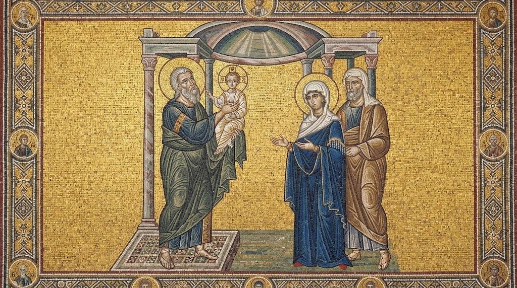 El anciano Simeón bendiciendo al Niño Jesús en el Templo ante María y José, mosaico bizantino