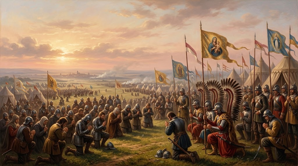 Soldados cristianos arrodillados en oración al amanecer, antes de la batalla de Viena, con húsares alados polacos entre las tropas
