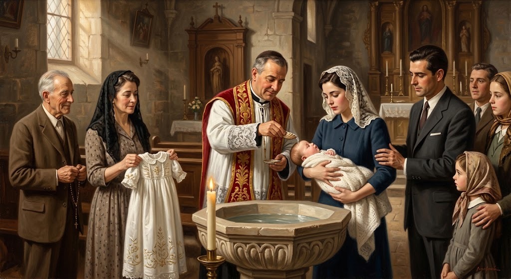 Bautizo de una niña en una iglesia española de mediados del siglo XX, con la familia reunida alrededor de la pila bautismal