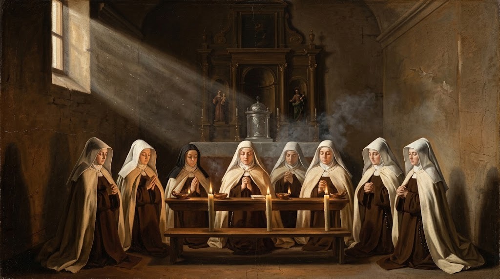 Monjas carmelitas arrodilladas en oración silenciosa en una capilla, iluminadas por velas