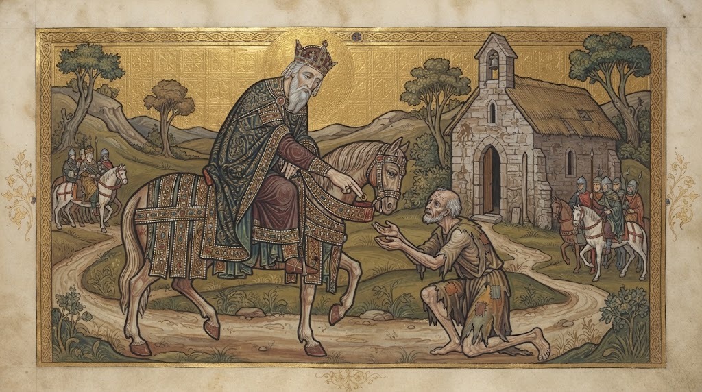 El rey Eduardo el Confesor, a caballo, entrega su anillo de oro a un anciano mendigo junto a una capilla de piedra, en estilo de miniatura de manuscrito iluminado inglés